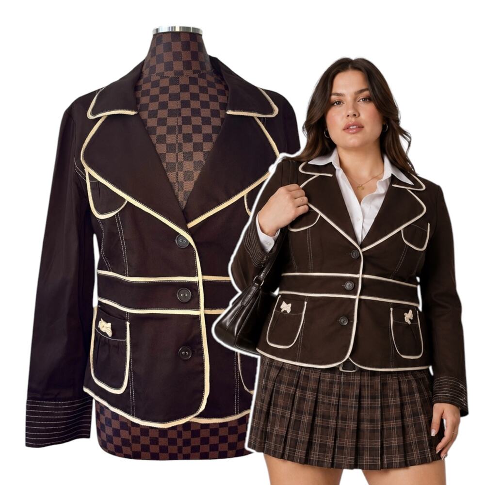 Brown Contrast Trim Blazer Jacket Women’s Size 14 Y2K Twee MG Originals Paris